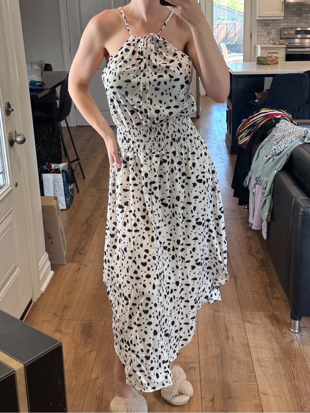 Spotted Halter Midi Dress in White and Black